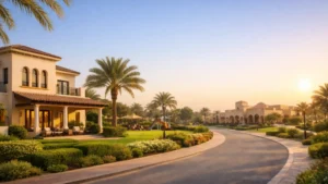Luxury Mediterranean villa and landscaped park in Arabian Ranches 2 Dubai with palm trees and quiet residential street at sunset.