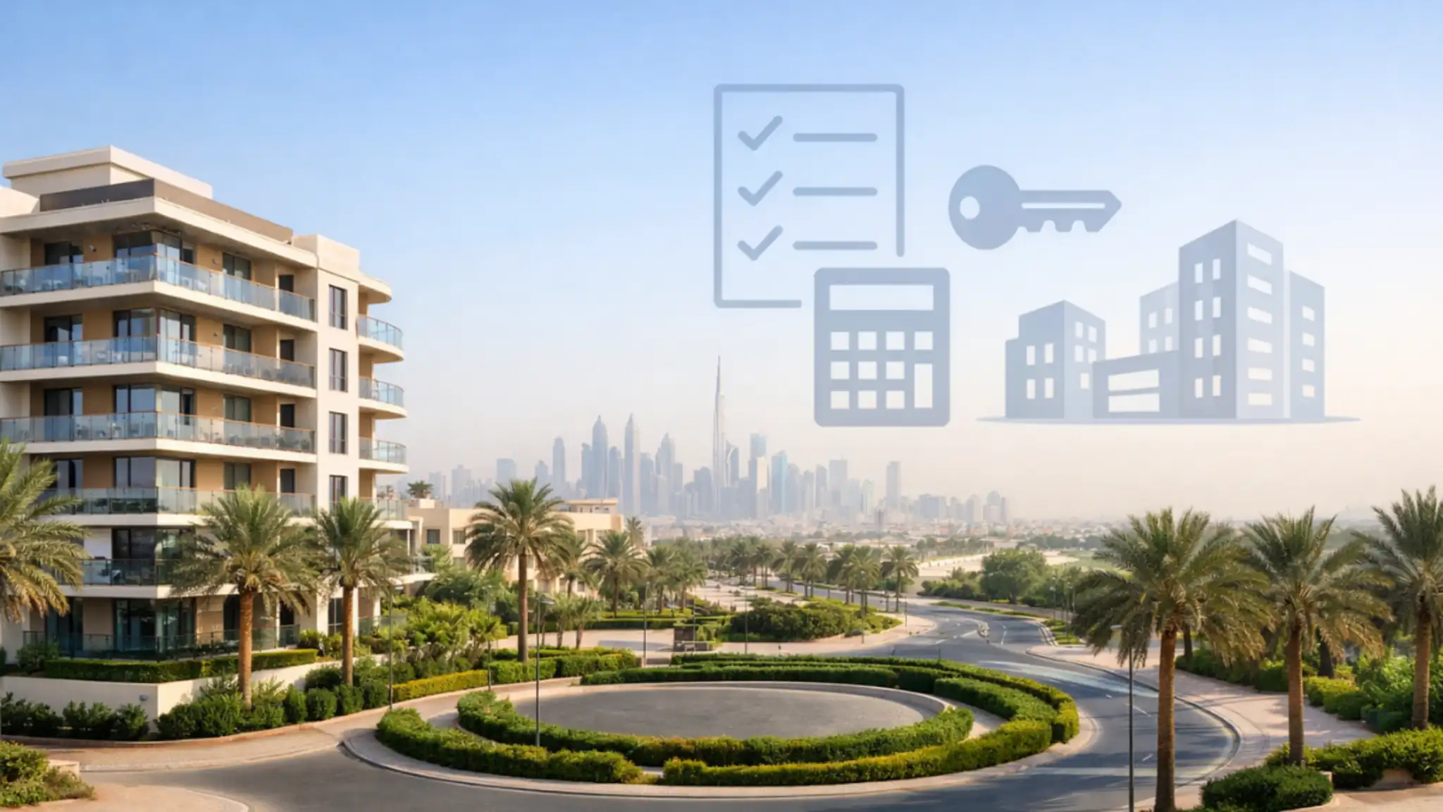 Modern Jumeirah Village Circle Property apartment building with landscaped roundabout, palm trees, and Dubai skyline in the background.