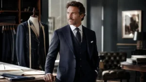 Modern gentleman wearing elegant navy Bespoke Suits in a luxury tailoring studio with fabric swatches, measuring tape, suit patterns and tailored jackets.