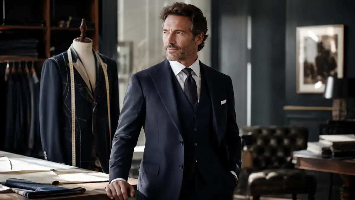 Modern gentleman wearing elegant navy Bespoke Suits in a luxury tailoring studio with fabric swatches, measuring tape, suit patterns and tailored jackets.
