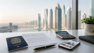 Buying Property in Dubai with Mortgage concept showing Dubai Marina skyline, passport, mortgage approval documents, calculator, and mobile property search for foreign real estate investors in Dubai UAE.