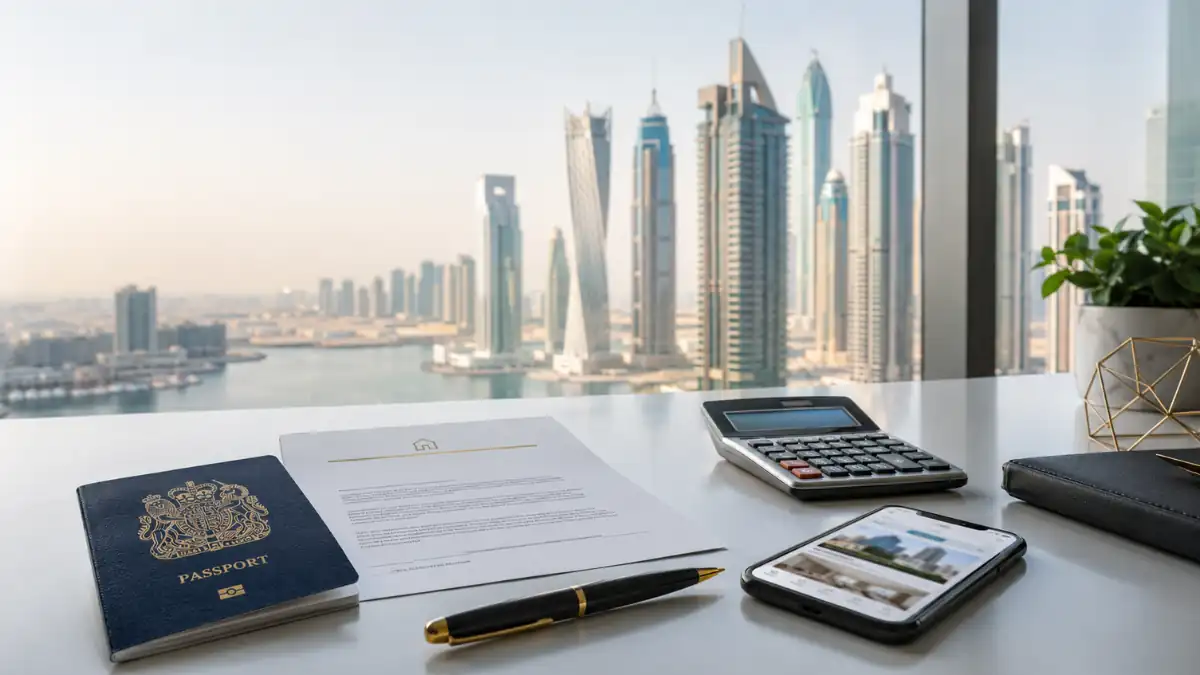 Buying Property in Dubai with Mortgage concept showing Dubai Marina skyline, passport, mortgage approval documents, calculator, and mobile property search for foreign real estate investors in Dubai UAE.