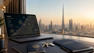 Modern Dubai real estate investment setup with laptop showing property market data, UAE passport, property purchase documents, and Burj Khalifa skyline — illustrating how foreigners can buy property in UAE