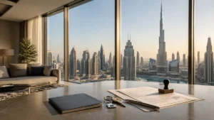can you buy a house in Dubai without citizenship – property documents and keys with Dubai skyline view from luxury apartment.