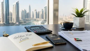 Dubai Golden Visa Cost planning desk with calculator, AED financial chart, visa paperwork, and Dubai skyline representing UAE residency investment and application expenses.