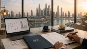 Dubai Off Plan Apartments investment scene featuring luxury Dubai Marina skyline, signed SPA agreement, apartment floor plans, and payment schedule for off-plan property buyers in Dubai UAE.