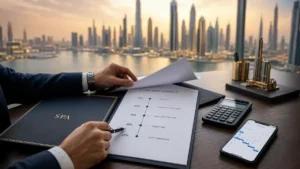 Dubai property payment plans document with staged installment schedule, calculator, and skyline view of Dubai Marina — illustrating flexible Dubai Property Payment Plans for investors and homebuyers