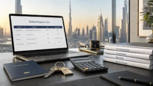Dubai Property fees overview displayed on a laptop with calculator, keys, and real estate documents in a modern Dubai office overlooking the city skyline, illustrating DLD registration fees, trustee fees, mortgage costs, and service charges for property buyers in Dubai.