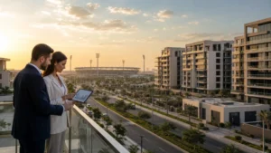 Dubai Sports City – investors reviewing property data on tablet overlooking modern apartments and stadium at sunset.