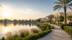 Scenic waterfront community in Dubai The Springs featuring luxury villas, palm-lined walkways, landscaped gardens, and tranquil lake views in a family-friendly residential neighborhood.