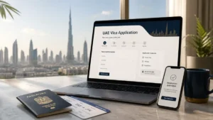 Dubai Visa Apply Online – laptop showing UAE visa application form with passport and mobile confirmation screen.