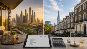 Is Dubai property cheaper than London comparison image showing Dubai Marina luxury skyline beside London residential streets with property investment calculator and AED to GBP real estate cost analysis.