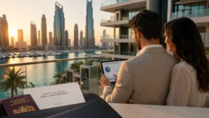 Is Property Expensive in Dubai – couple reviewing real estate costs on tablet with luxury waterfront skyline view.