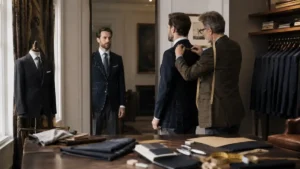 A master tailor measuring a client’s navy suit jacket in a luxury atelier, showing what makes a truly bespoke suit through precise fitting, hand tailoring, and premium fabric selection.