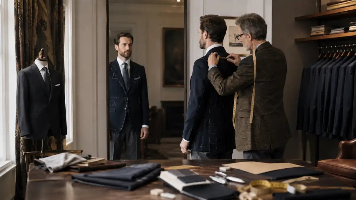 A master tailor measuring a client’s navy suit jacket in a luxury atelier, showing what makes a truly bespoke suit through precise fitting, hand tailoring, and premium fabric selection.