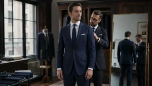 How Should a Suit Fit: tailor adjusting a man’s navy suit jacket for a clean, precise, professional fit.