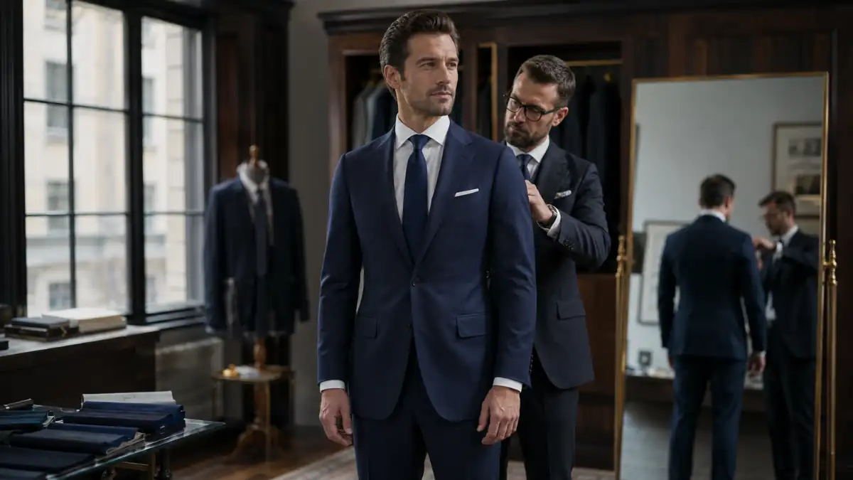 How Should a Suit Fit: tailor adjusting a man’s navy suit jacket for a clean, precise, professional fit.