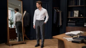 Man wearing charcoal tailored trousers and a crisp white shirt in an elegant bespoke tailoring studio.