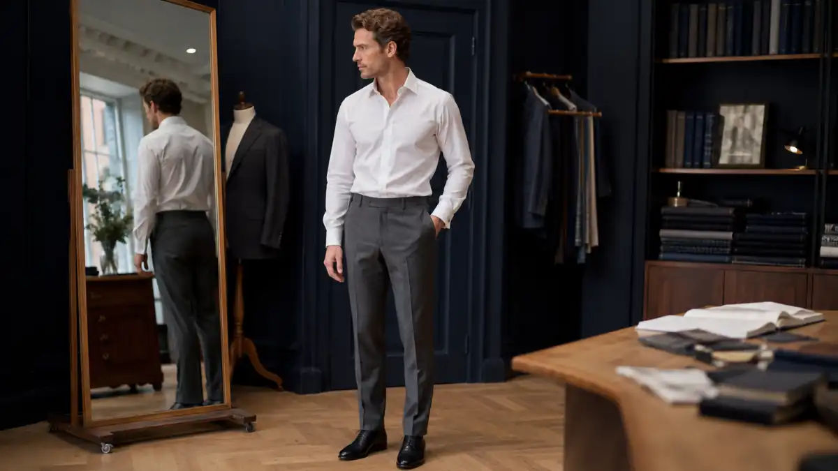 Man wearing charcoal tailored trousers and a crisp white shirt in an elegant bespoke tailoring studio.
