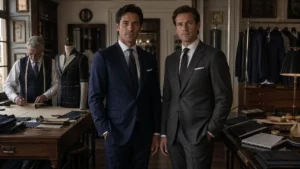 Bespoke vs made to measure suits shown in a traditional tailoring workshop with two men wearing expertly fitted formal suits.