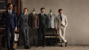 Best Suit Colours for Men featuring navy, charcoal grey, brown, dark green, light grey and beige tailored suits in a classic menswear setting