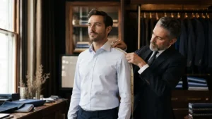 How dress shirts are measured by a tailor taking shoulder measurements on a man wearing a white dress shirt.
