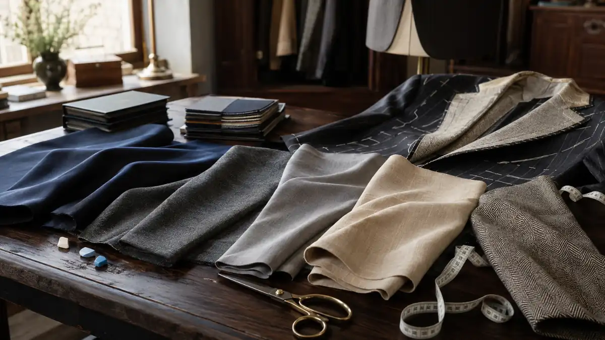 Suit fabric swatches in navy, charcoal, grey, beige and herringbone arranged on a tailor’s worktable with scissors, chalk and measuring tape.