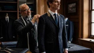 What Is a Bespoke Suit – tailor fitting a custom navy suit by hand in a traditional tailoring studio.