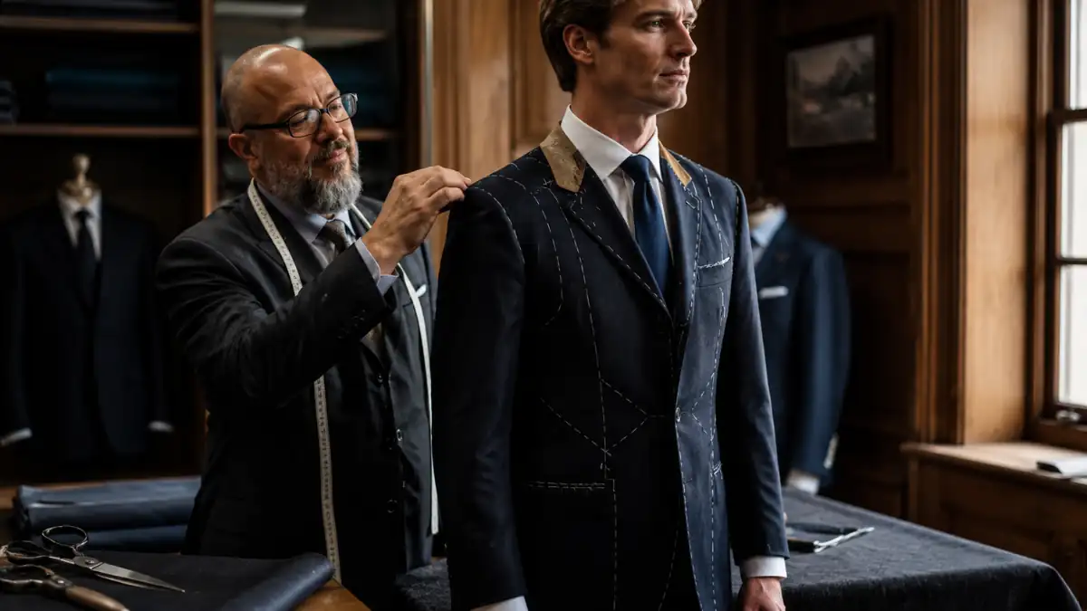 What Is a Bespoke Suit – tailor fitting a custom navy suit by hand in a traditional tailoring studio.