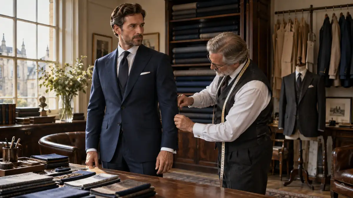 Are bespoke suits worth it? A tailor fitting a navy bespoke suit on a client in a traditional tailoring shop.
