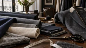 Fabric for suits displayed in a bespoke tailor’s workshop, featuring rolls of navy, grey, beige and checked suiting fabrics beside a hand-tailored jacket, scissors and measuring tape.