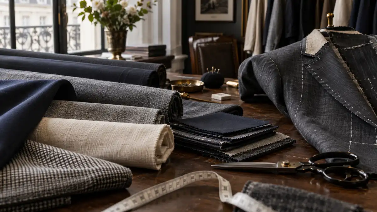 Fabric for suits displayed in a bespoke tailor’s workshop, featuring rolls of navy, grey, beige and checked suiting fabrics beside a hand-tailored jacket, scissors and measuring tape.