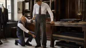 Tailor vintage trousers being fitted by a professional tailor in a traditional bespoke tailoring workshop.