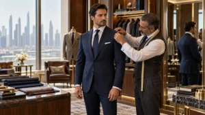How Much Should a Bespoke Suit Cost? Expert tailor fitting a luxury navy blue bespoke suit on a client in an exclusive tailoring boutique.