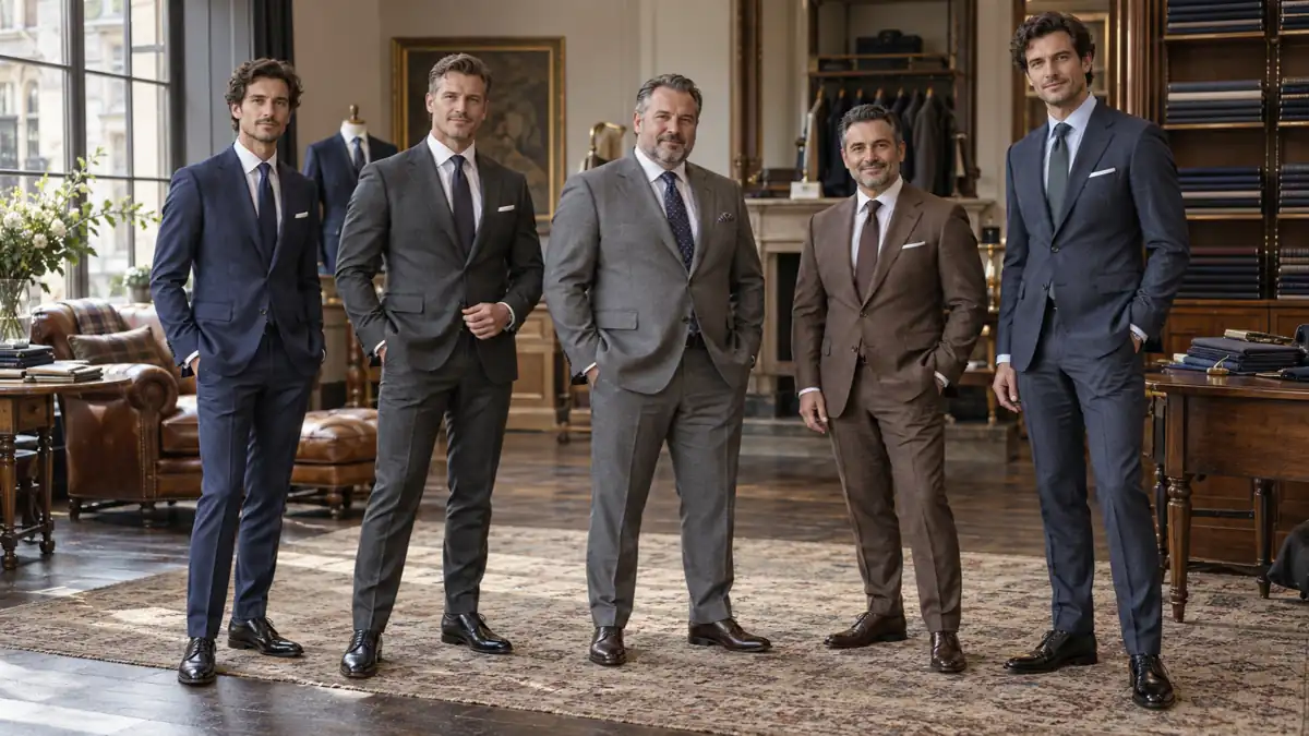 Five stylish men wearing tailored suits in navy, charcoal grey, and brown, showcasing different fits and styles in an elegant menswear boutique, illustrating how to choose a suit for your body shape.