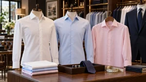 Mens Wearhouse dress shirts in classic white, light blue, and pink, displayed in an elegant men's clothing store with premium formalwear and tailoring accessories.
