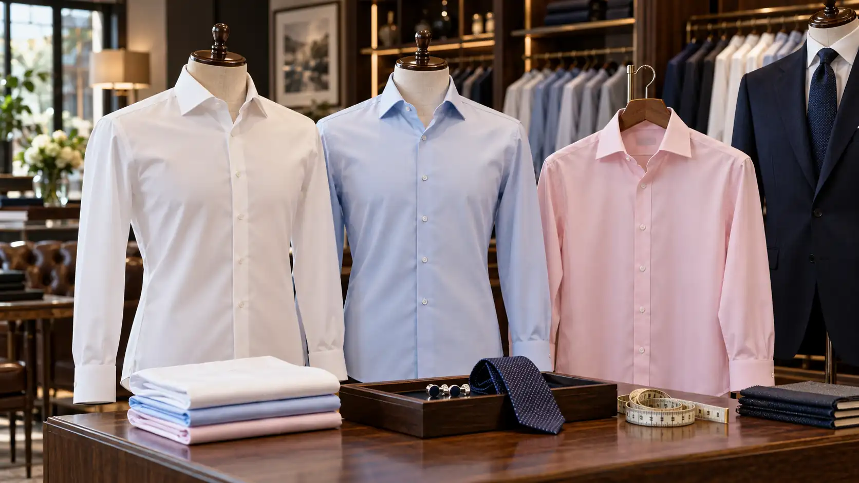 Mens Wearhouse dress shirts in classic white, light blue, and pink, displayed in an elegant men's clothing store with premium formalwear and tailoring accessories.